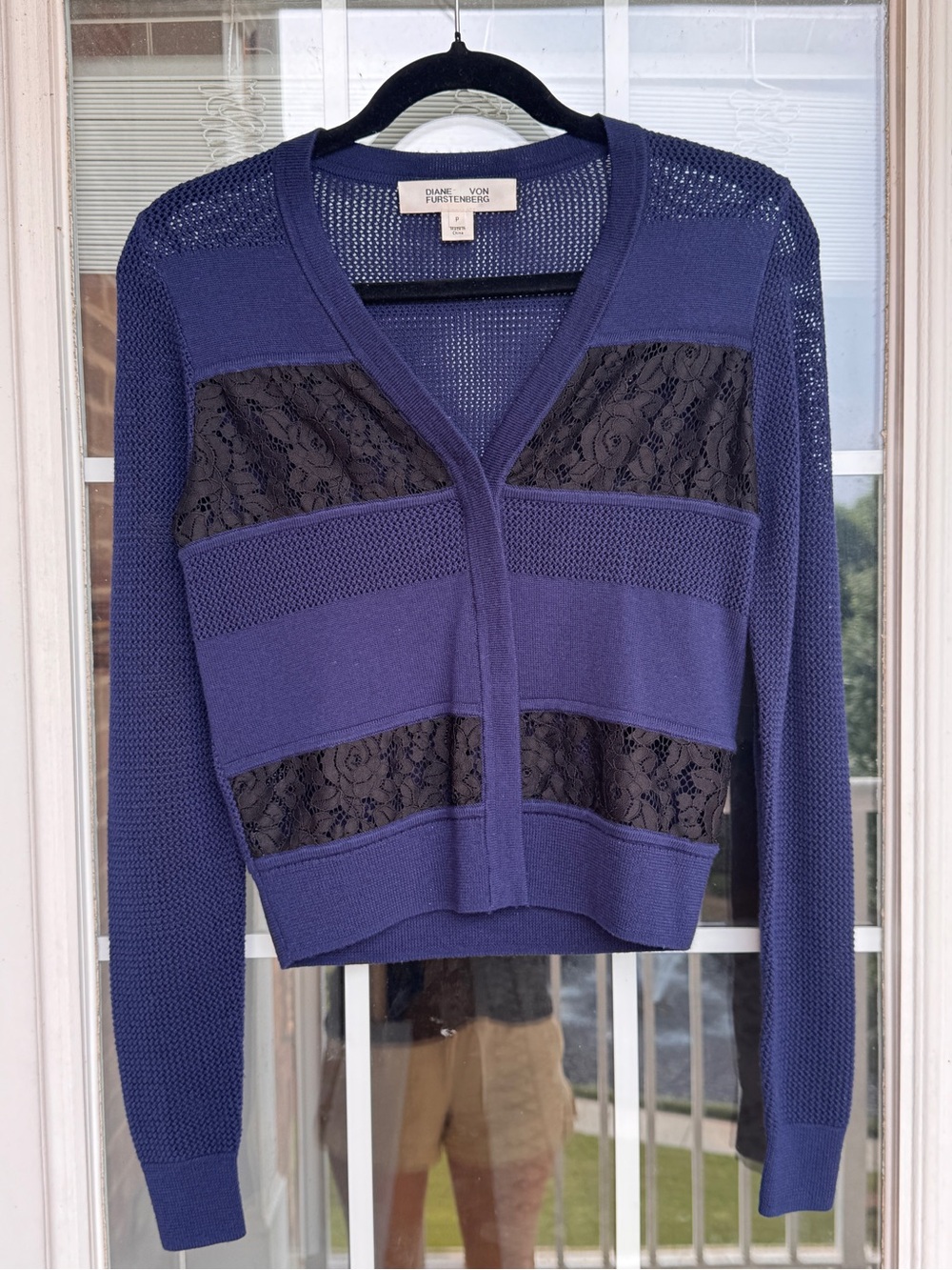 Diane Von Furstenberg Navy Lace-Panel V-Neck Cardigan